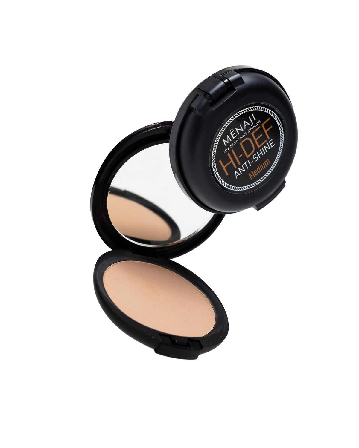 Menaji HDPV Anti-Shine Powder compact close up demonstrates an undetectable, camera ready finish.