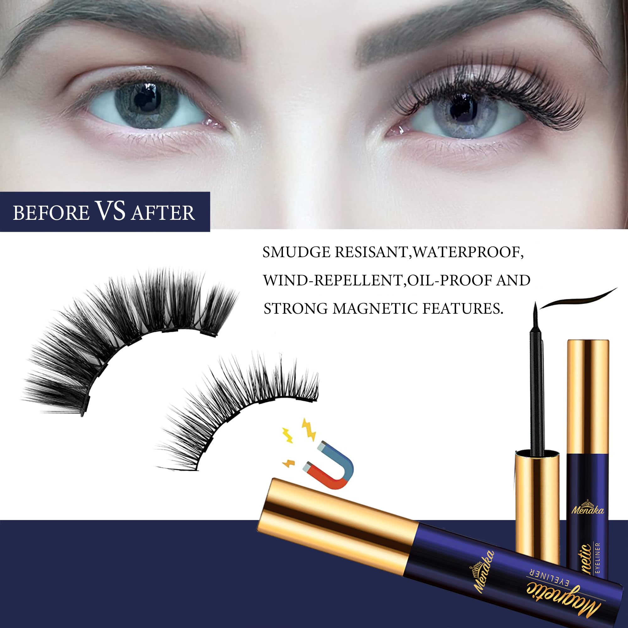 Menaka magnetic eyeliner tubes with ultrafine particles for strong lash hold.