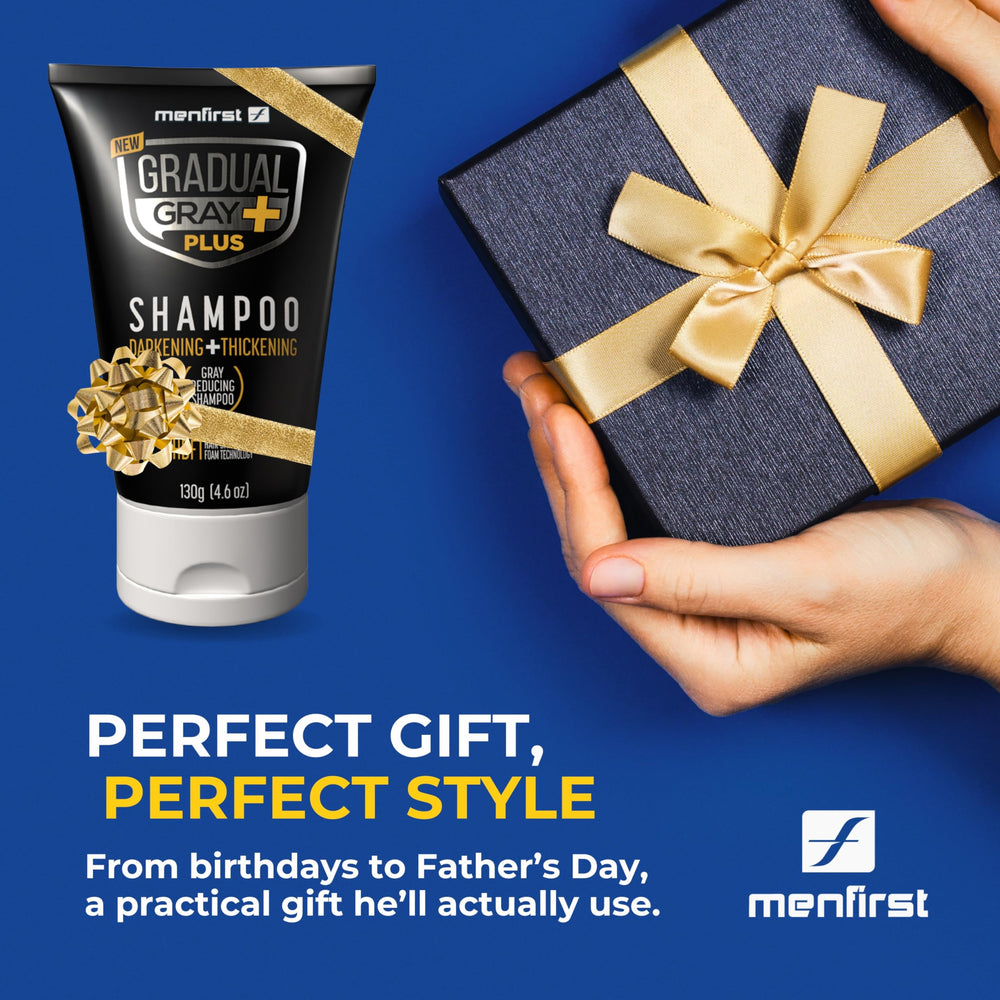 MENFIRST Gradual Gray PLUS Shampoo after-use result shows natural finish and fuller look