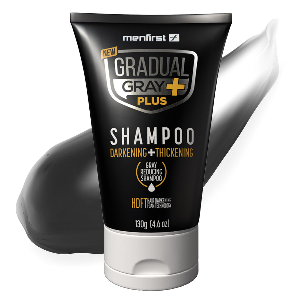MENFIRST Gradual Gray PLUS Shampoo bottle shows quick, mess-free 3-minute use