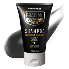 MENFIRST Gradual Gray PLUS Shampoo bottle shows quick, mess-free 3-minute use