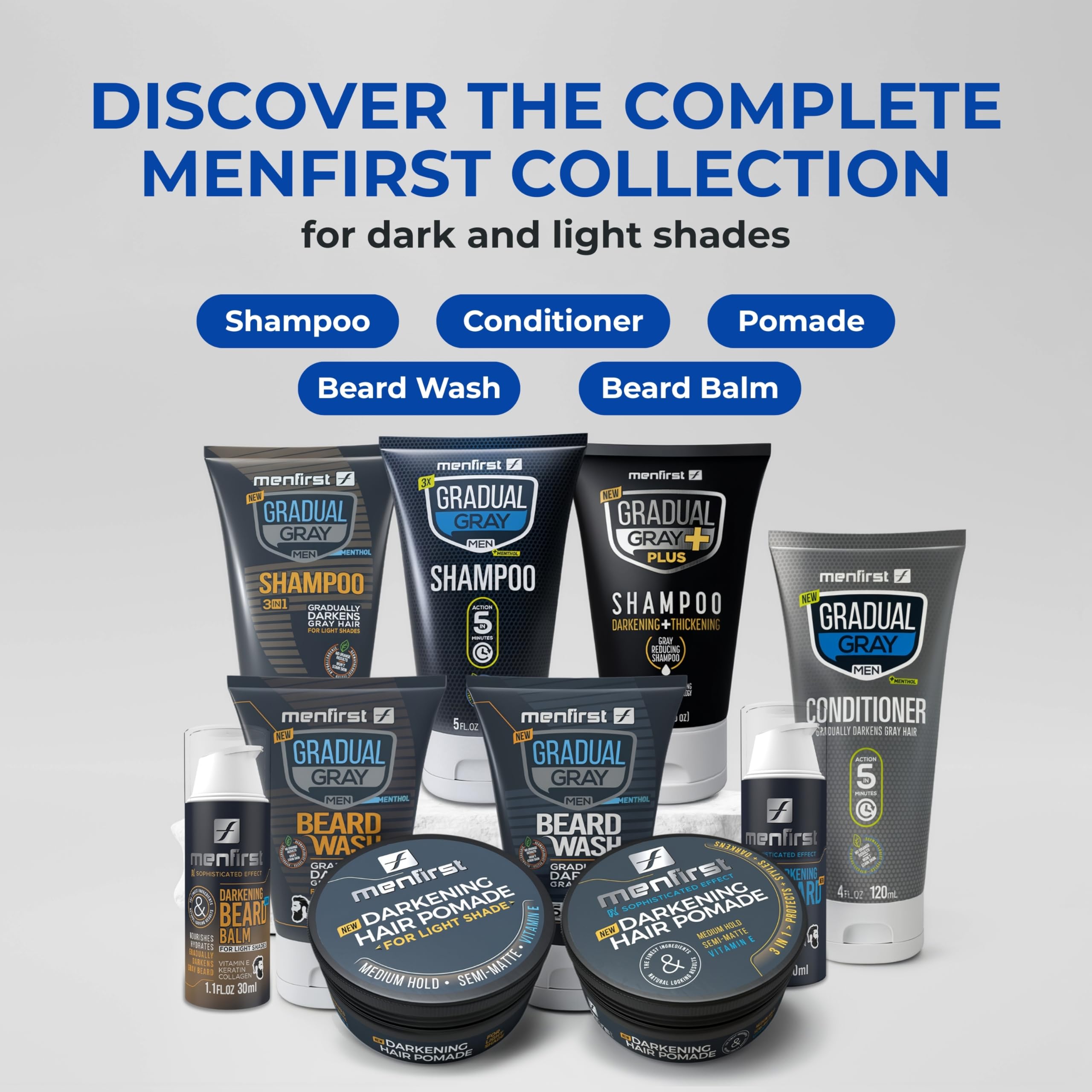 MENFIRST Gradual Gray PLUS Shampoo emphasizes dye-free safety for regular use