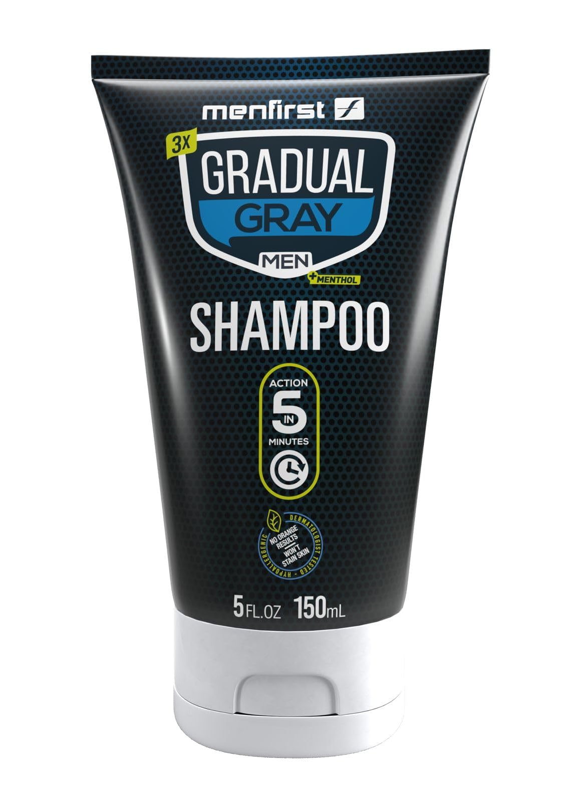 MENFIRST gray hair darkening shampoo bottle shows gradual color coverage for natural look