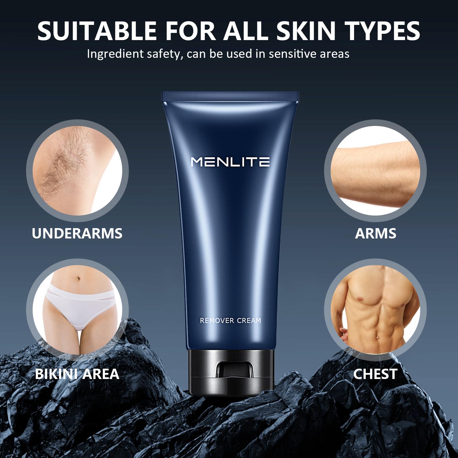 MENLITE hair remover cream on arm shows versatile body use.