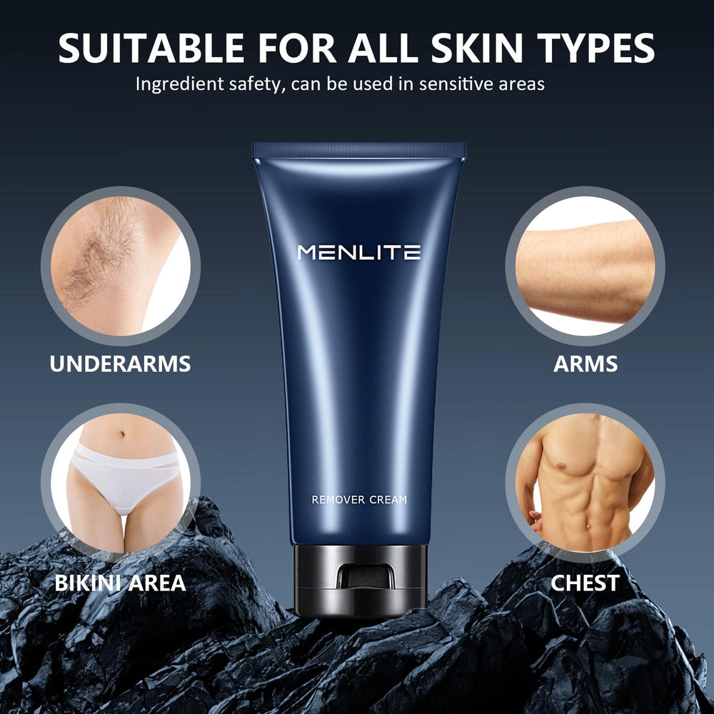 MENLITE hair remover cream on arm shows versatile body use.