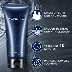 MENLITE hair remover cream on leg illustrates smooth, long-lasting results.