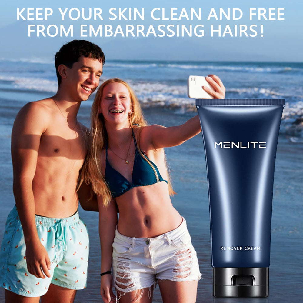 MENLITE hair remover cream close-up shows gentle, skin-friendly formula.