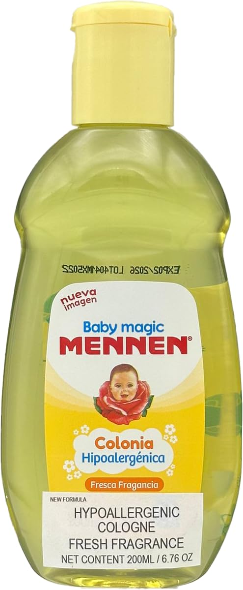 Mennen Baby Magic Cologne bottle in hand suggests gentle refresh after bath.