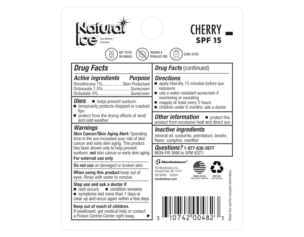 Mentholatum Natural Ice Cherry SPF 15 balm highlights cherry flavor for outdoor activity use.