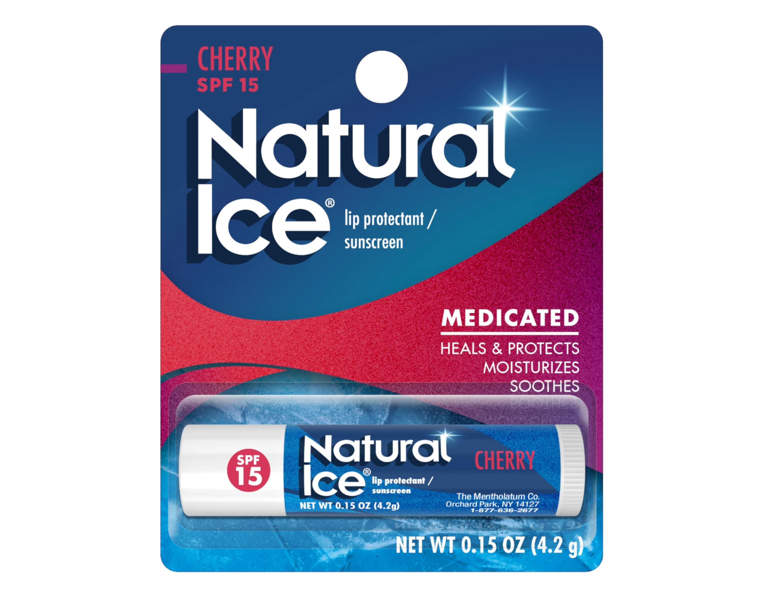 Mentholatum Natural Ice Cherry SPF 15 balm shows smooth glide for quick hydration.