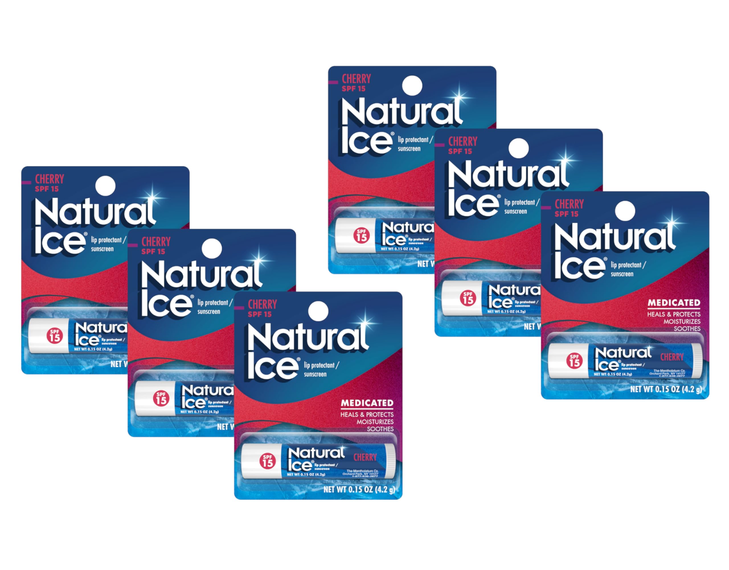 Mentholatum Natural Ice Cherry SPF 15 balm tube pack six offers convenient year-round lip protection on the go.