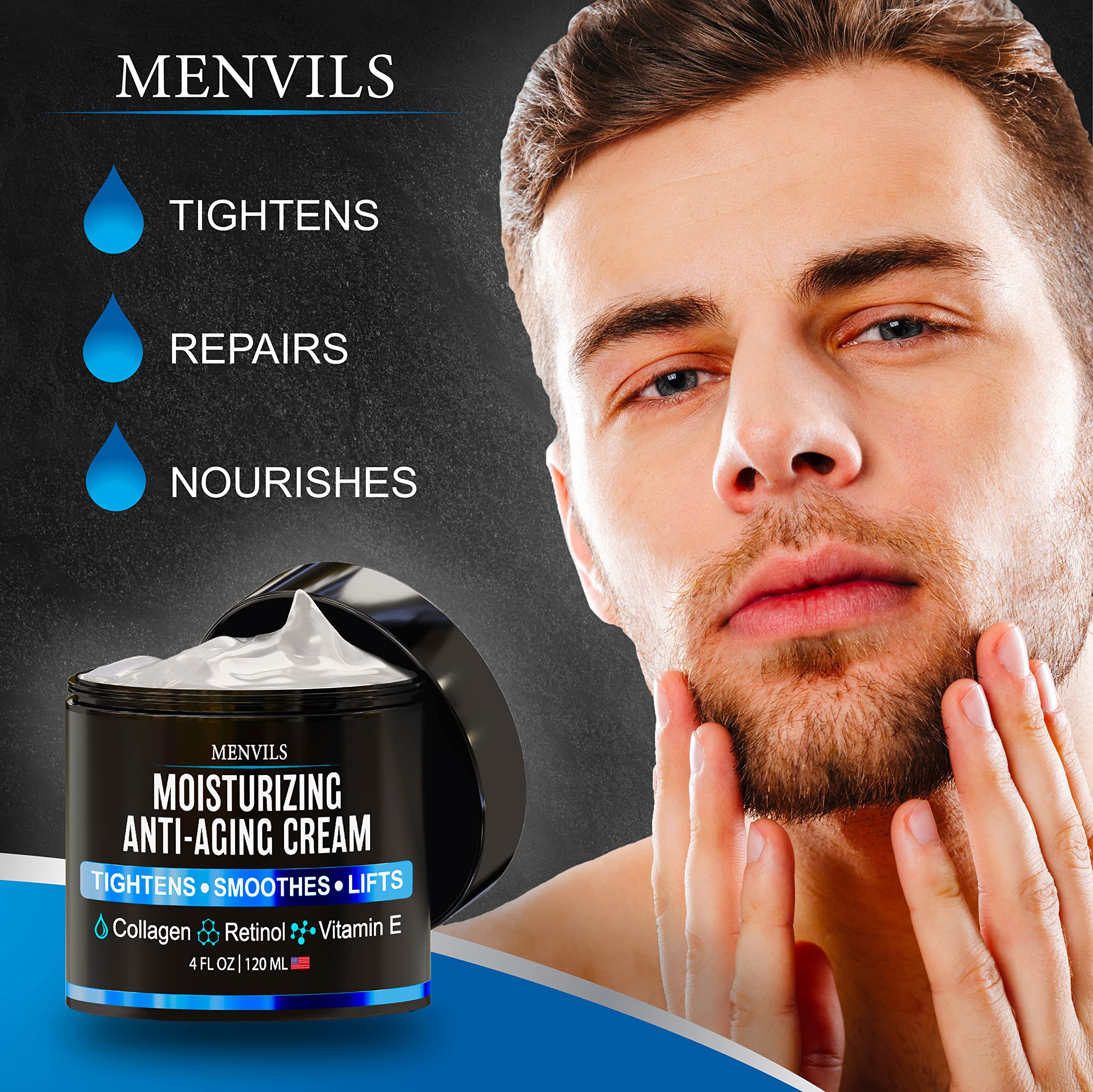 Menvils mens face moisturizer texture closeup shows rich cream for anti-aging benefits.