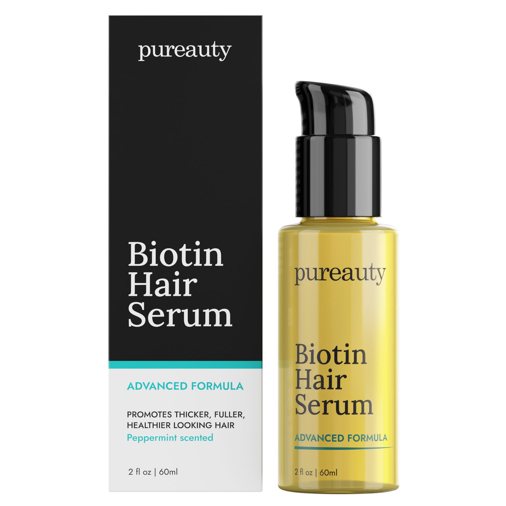 Meraz Pureauty Naturals Biotin Hair Growth Serum bottle shows lightweight non-greasy finish for scalp care.