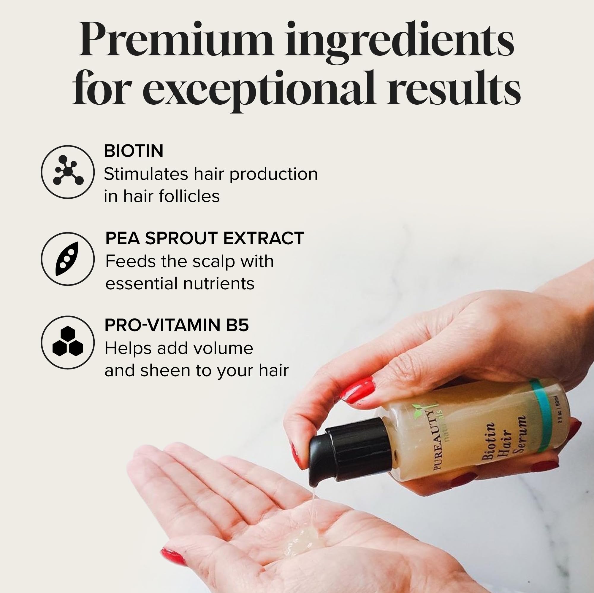 Meraz Pureauty Naturals Biotin Hair Growth Serum texture swatch highlights fast absorption.