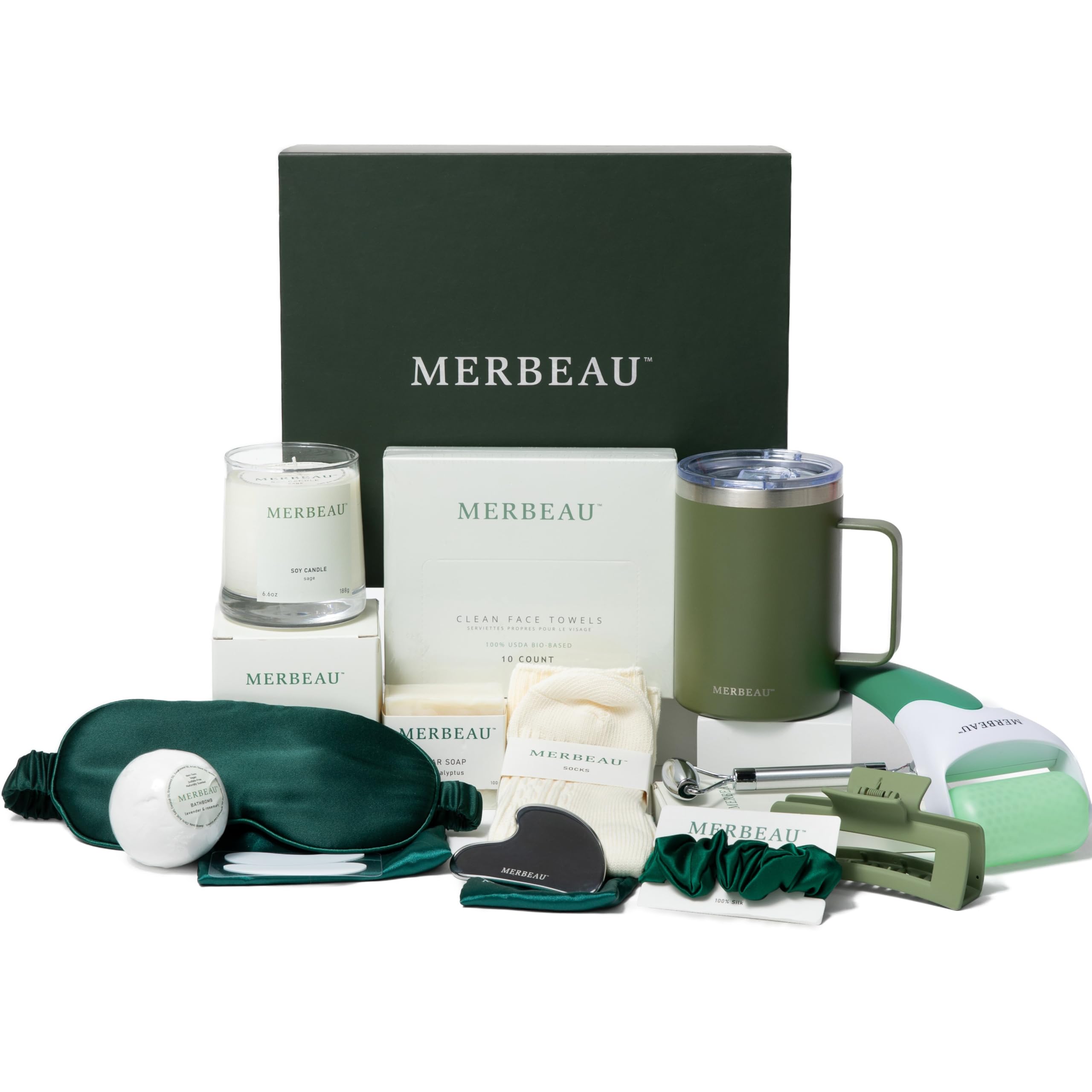 Merbeau spa box candle in sage glow for calm evenings and cozy ambiance.
