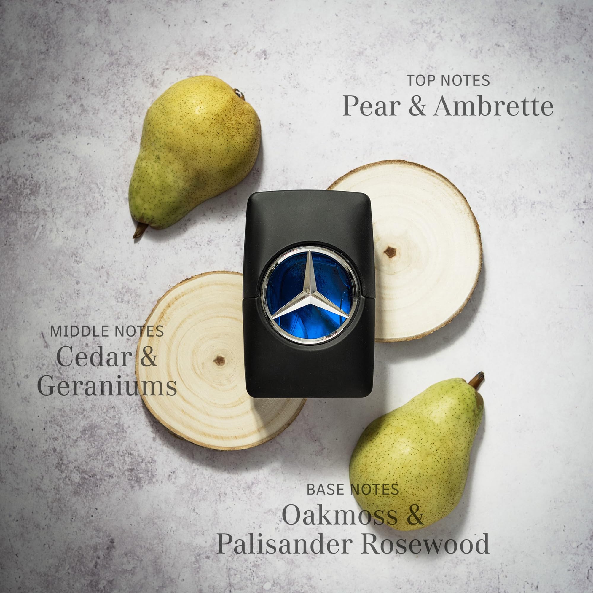 Mercedes-Benz Man bottle highlights ambrette seeds for a refined evening vibe.