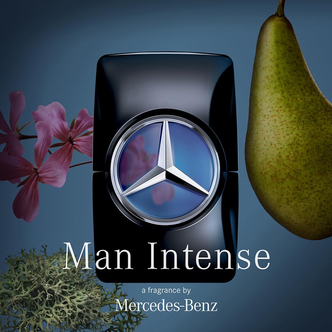 Mercedes-Benz Man Intense pear and geranium notes closeup for day-to-night transitions.