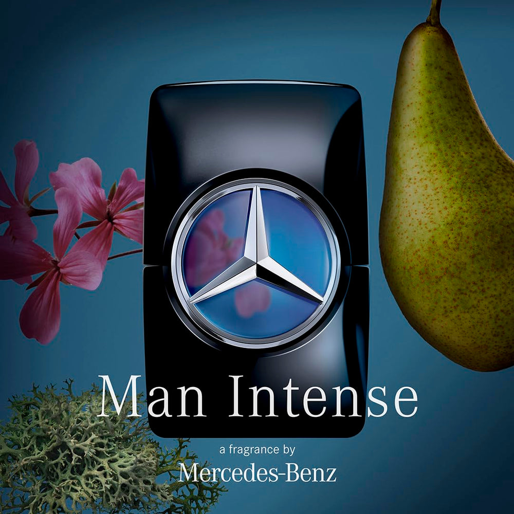 Mercedes-Benz Man Intense pear and geranium notes closeup for day-to-night transitions.