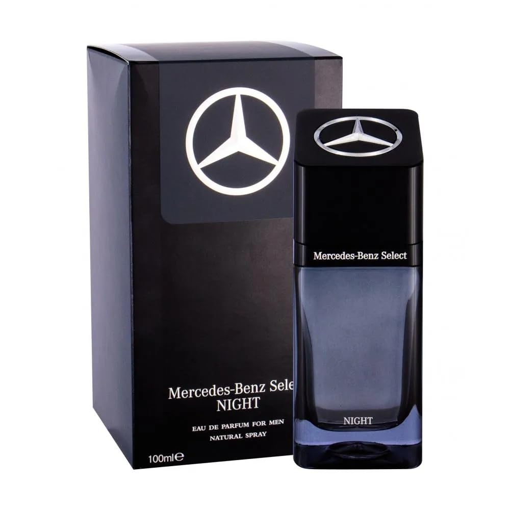 Mercedes-Benz Select Night packaging closeup emphasizing masculine bottle and cap craftsmanship.
