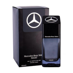Mercedes-Benz Select Night packaging closeup emphasizing masculine bottle and cap craftsmanship.