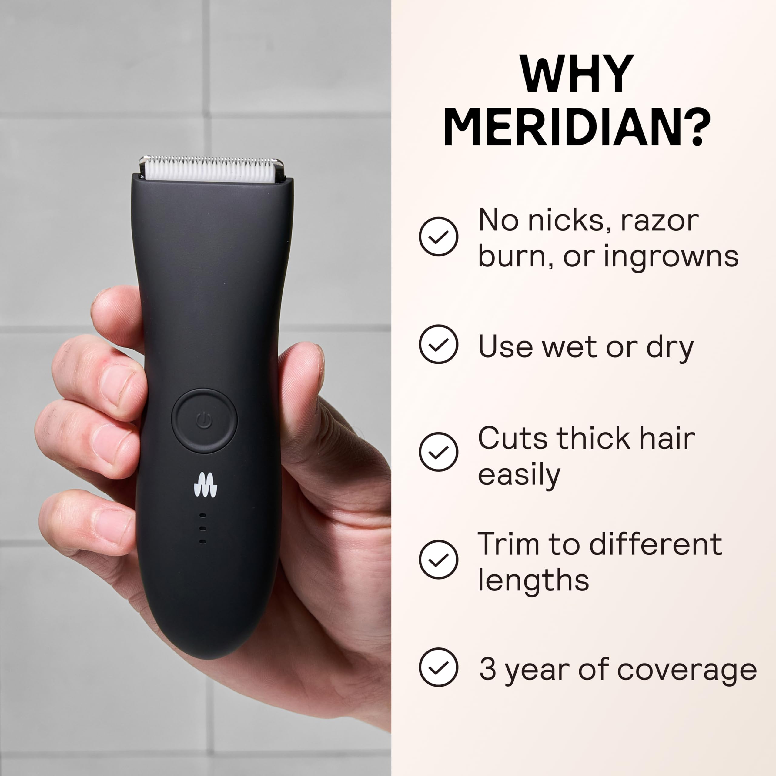 Meridian Trimmer Original wet-use scene shows shower-safe trimming convenience