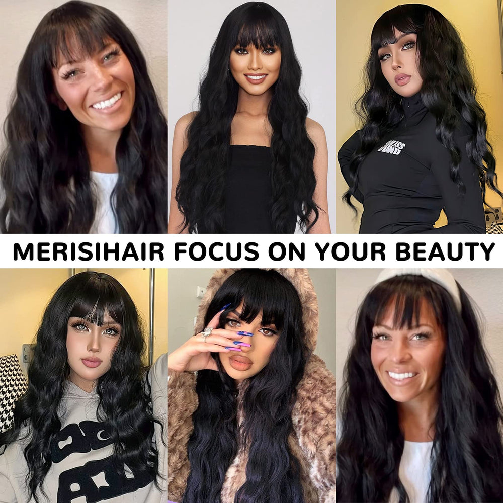 MERISIHAIR long black wig bangs 26in hairline-closeup emphasizes natural look and easy maintenance.