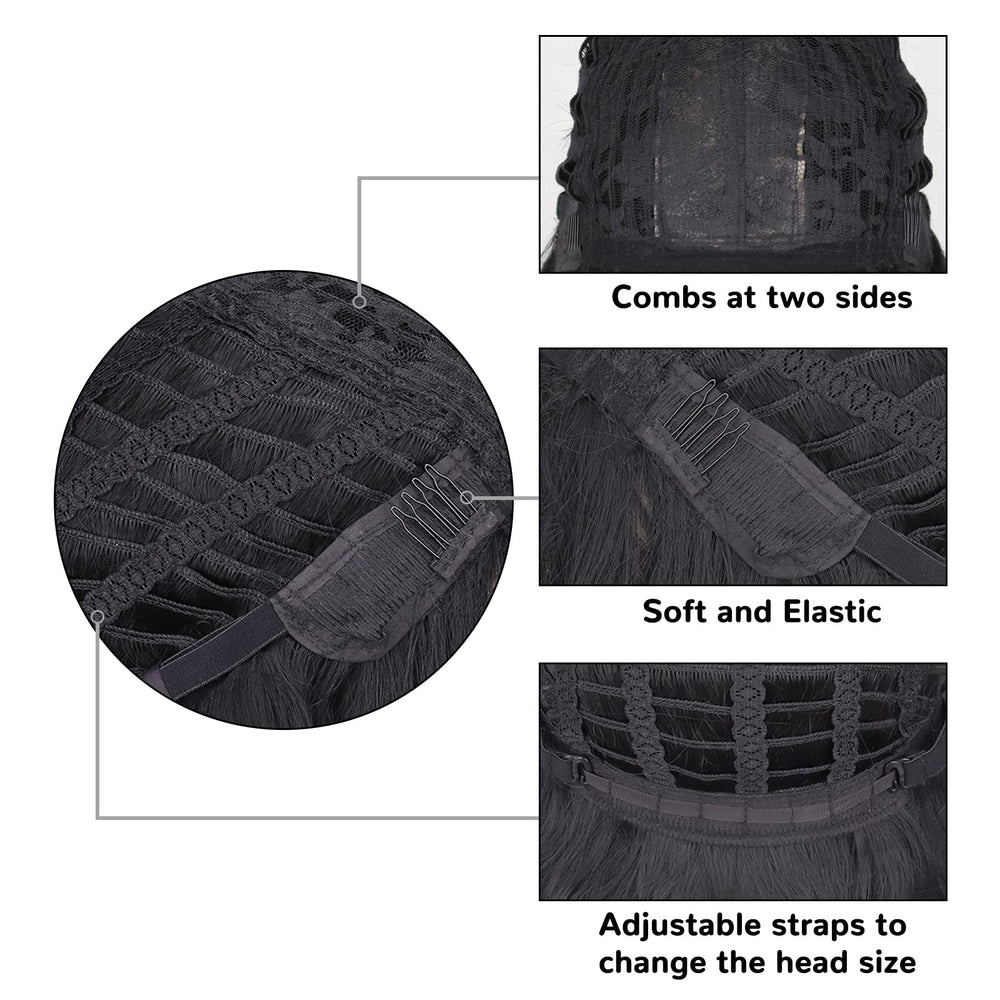 MERISIHAIR long black wig bangs 26in cap-rose-mesh demonstrates breathable comfort for extended wear.
