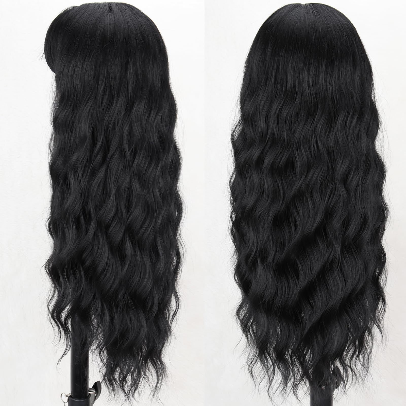 MERISIHAIR long black wig bangs 26in curls-detail highlights soft, heat-resistant fibers for versatile styling.