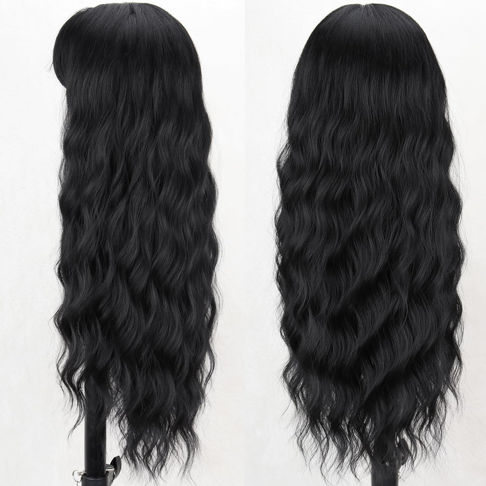 MERISIHAIR long black wig bangs 26in curls-detail highlights soft, heat-resistant fibers for versatile styling.