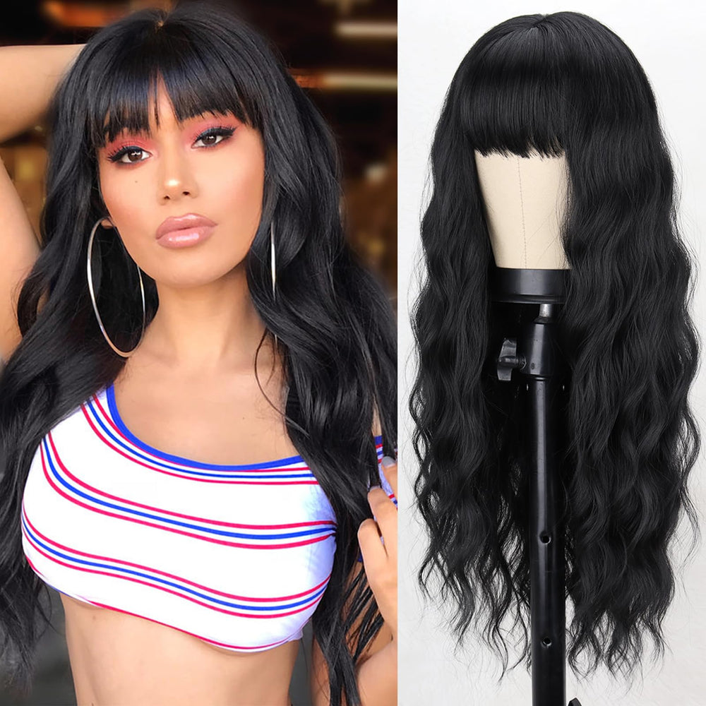 MERISIHAIR long black wig bangs 26in front view shows natural hairline for seamless daily wear.