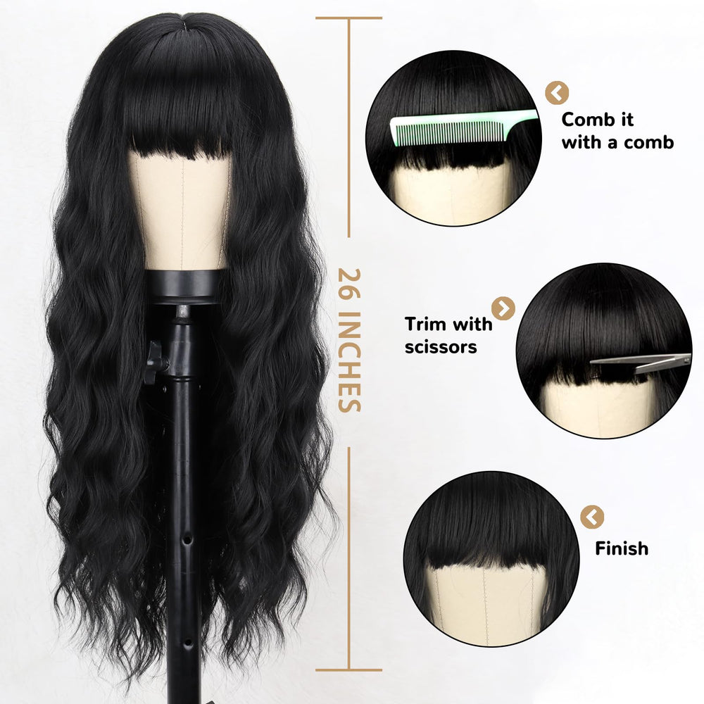 MERISIHAIR long black wig bangs 26in side view reveals volume and graceful movement.