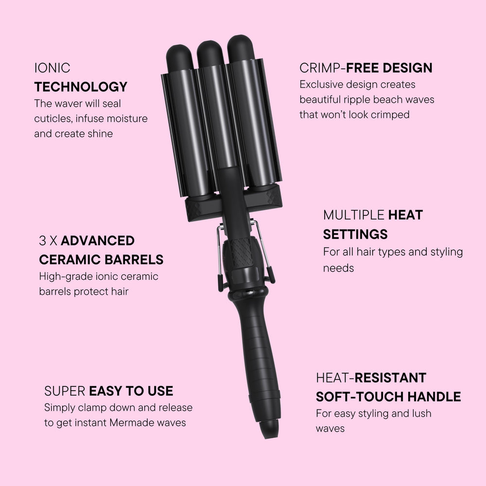 Mermade Hair PRO Waver with brush demonstrates effortless wave brushing after styling.