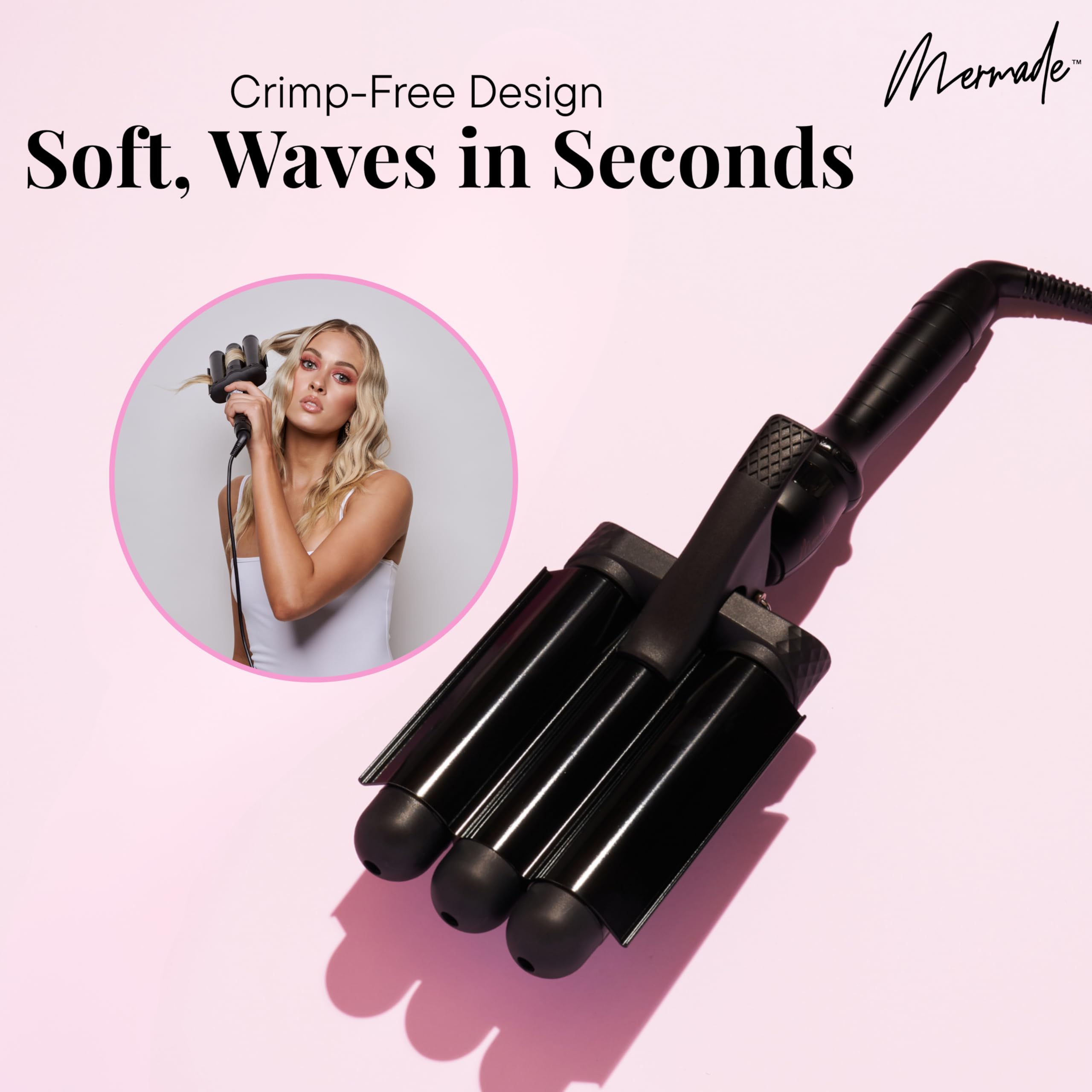 Mermade Hair PRO Waver ceramic barrel close-up highlights even heat distribution.