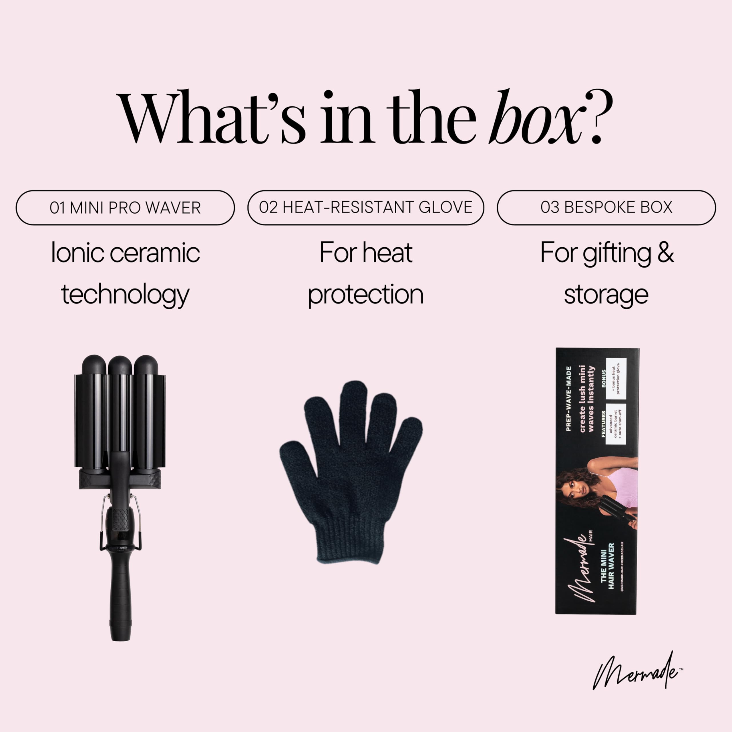 Mermade Hair PRO Waver in-use shot demonstrates quick 2–5 second sections for lasting waves.