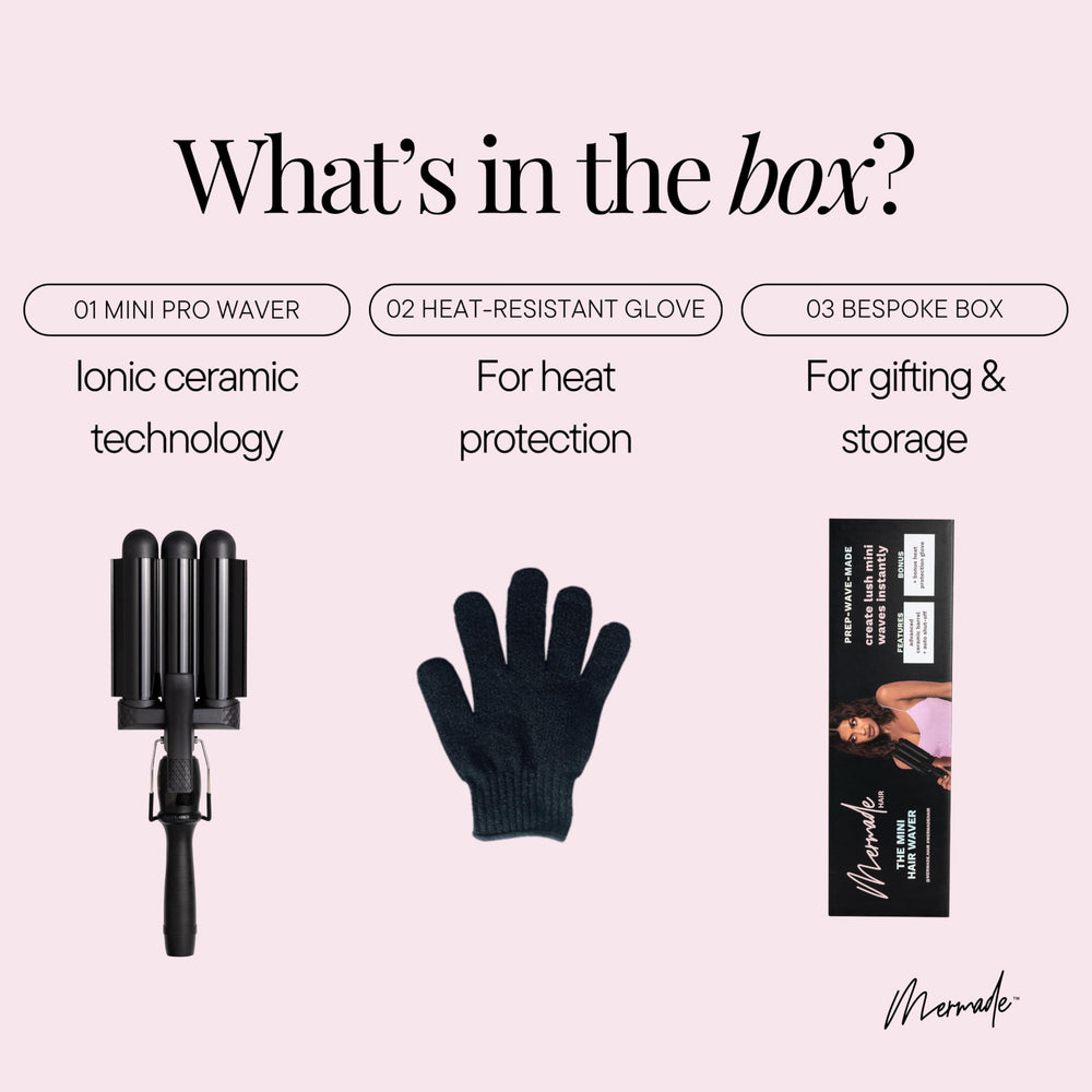 Mermade Hair PRO Waver in-use shot demonstrates quick 2–5 second sections for lasting waves.