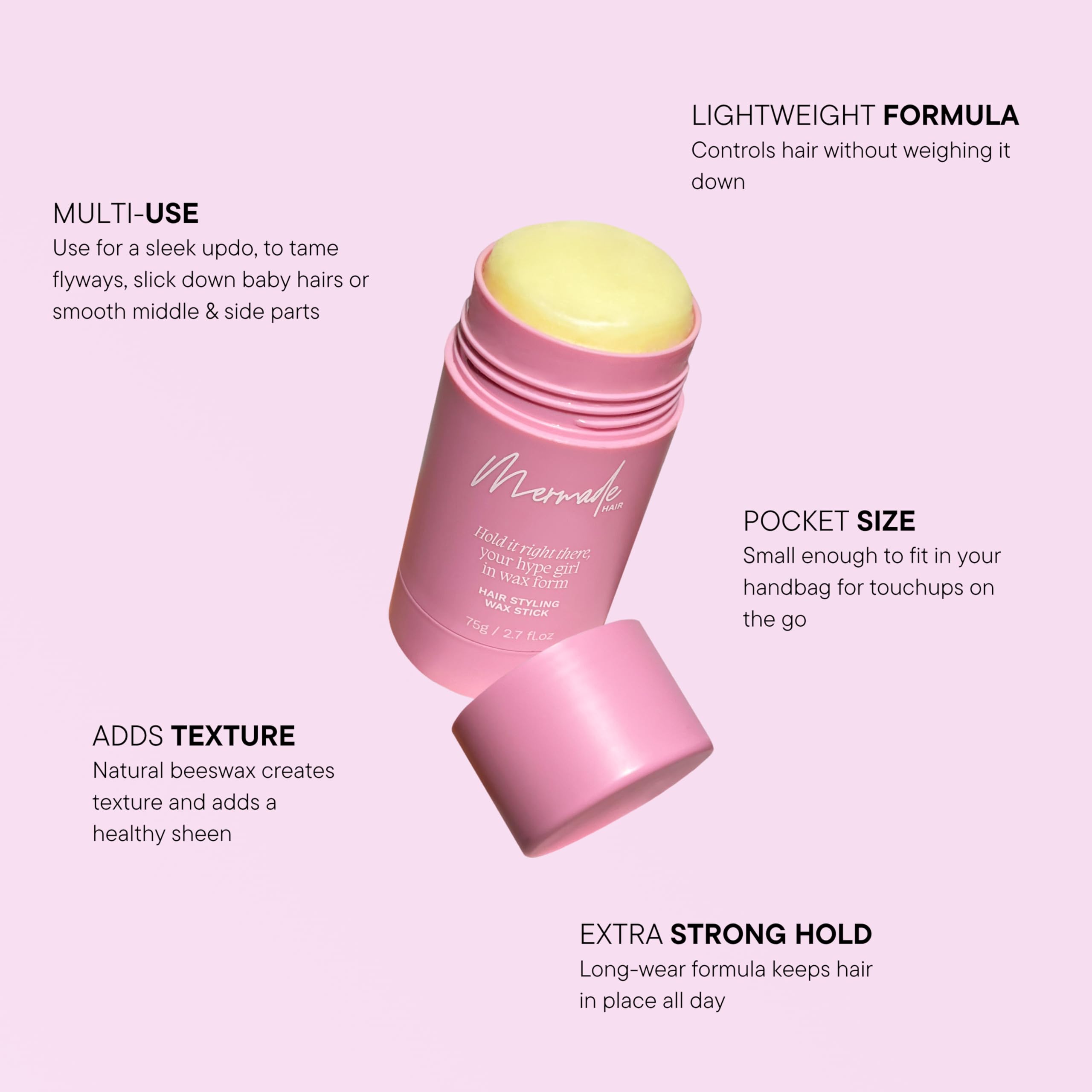 Mermade Hair styling wax stick pink pack color-treated friendly shine.