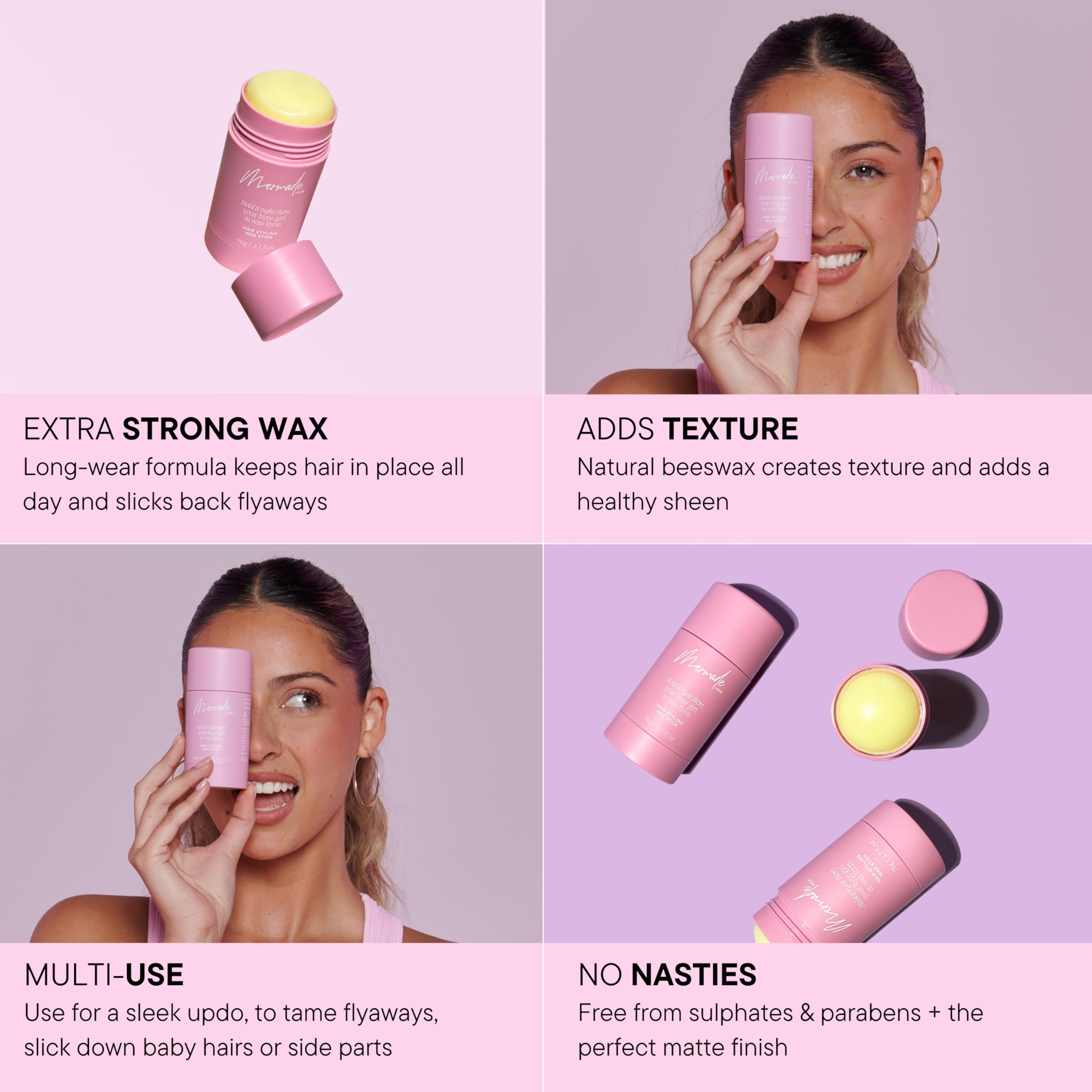Mermade Hair wax stick pink pack sulfate-free formula for all hair types.