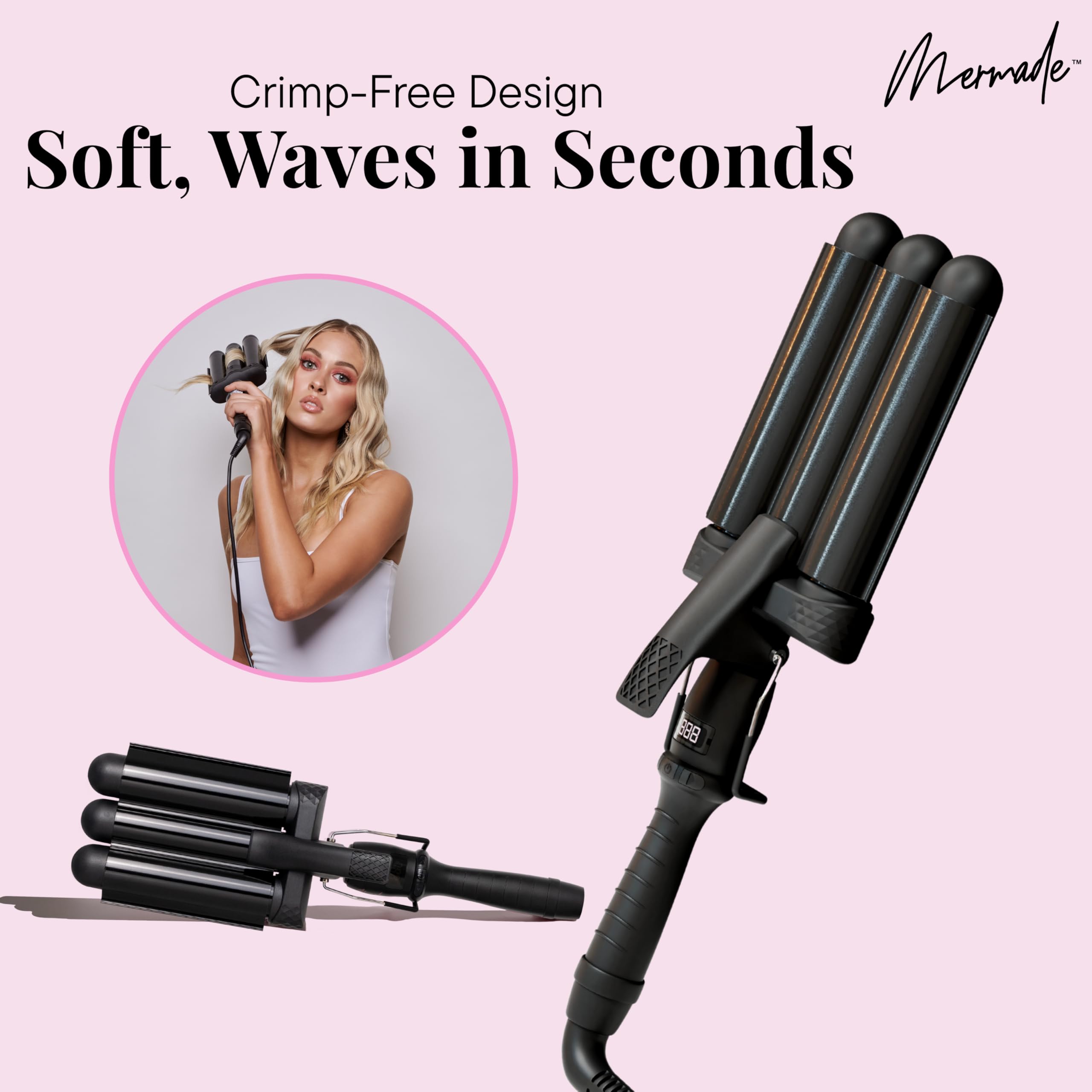 Mermade Hair Waver in-use on long hair creates beachy waves with a glossy finish