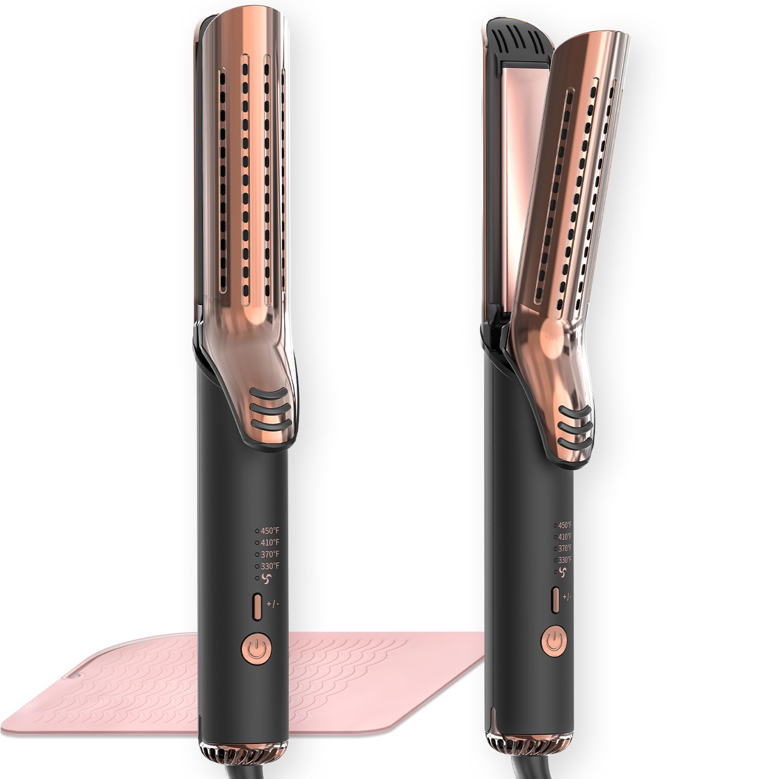 MESCOMB dual-voltage curling iron front view highlights travel-friendly design for global styling.