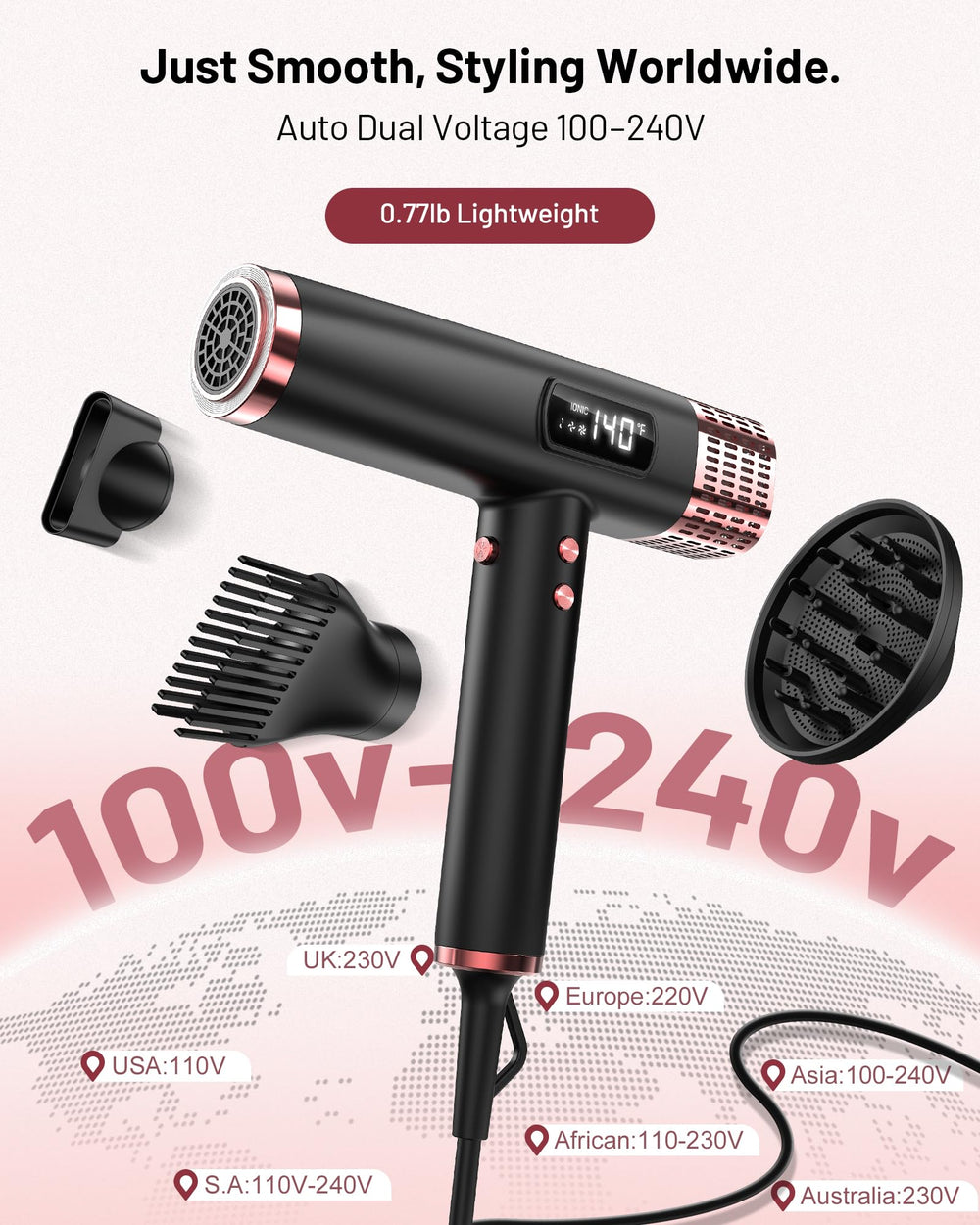 MESCOMB dryer with diffuser attached showing curl enhancement and frizz control