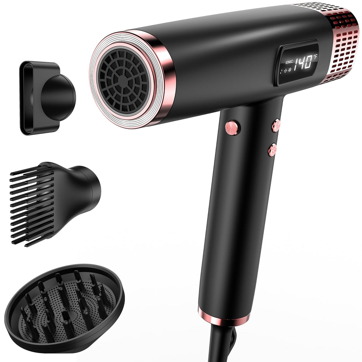 MESCOMB dual voltage ionic hair dryer front view for travel-ready styling