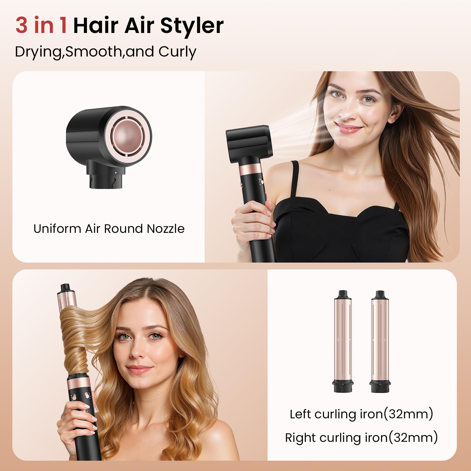 MESCOMB long-barrel air styler creates smooth straight styles with minimal effort.