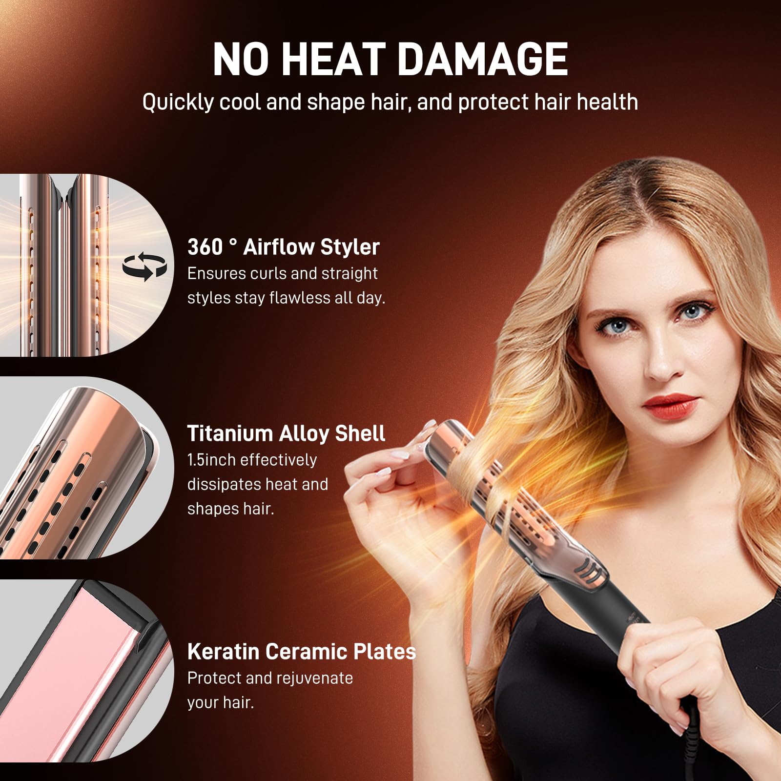 MESCOMB four-temps heat settings image demonstrates customization for different hair.