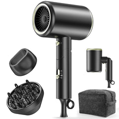 MESHEEN hair dryer folded-handle demonstrates ultra-portable design for travel and easy packing