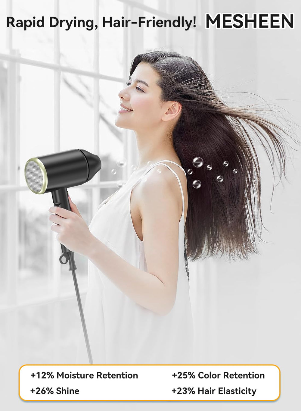 MESHEEN hair dryer ionic-technology demonstrates reduced frizz for smoother finishes