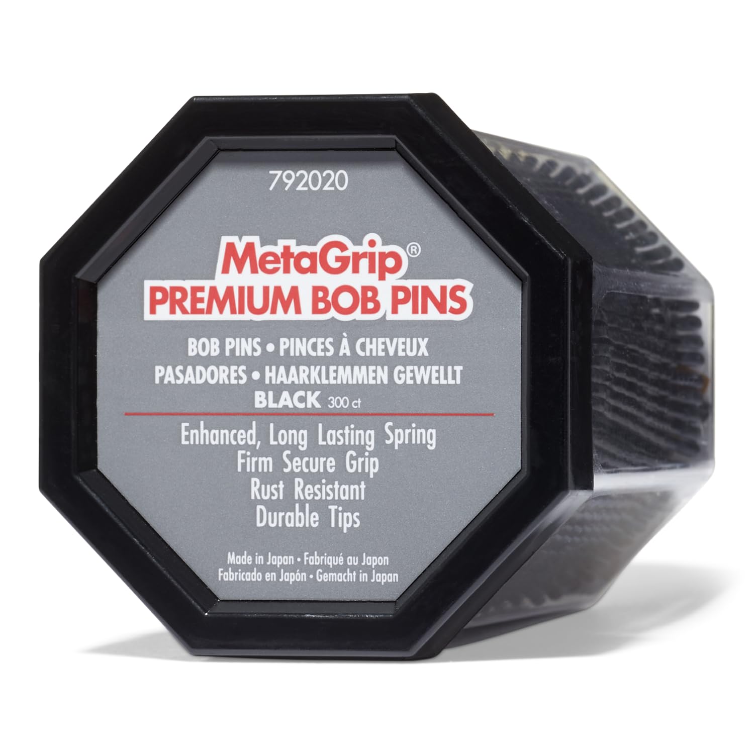 MetaGrip Black Premium Bobby Pins 300ct pack showing secure grip for long-lasting hairstyles.