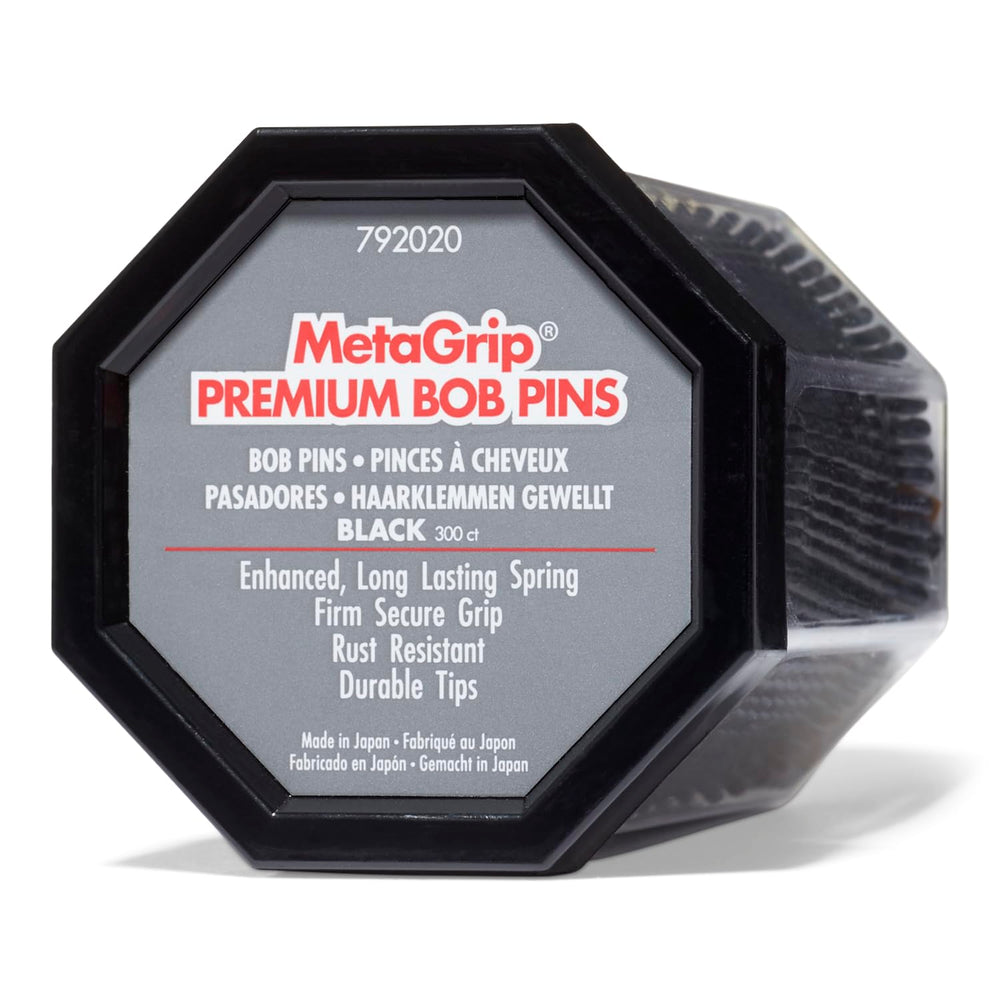 MetaGrip Black Premium Bobby Pins 300ct pack showing secure grip for long-lasting hairstyles.
