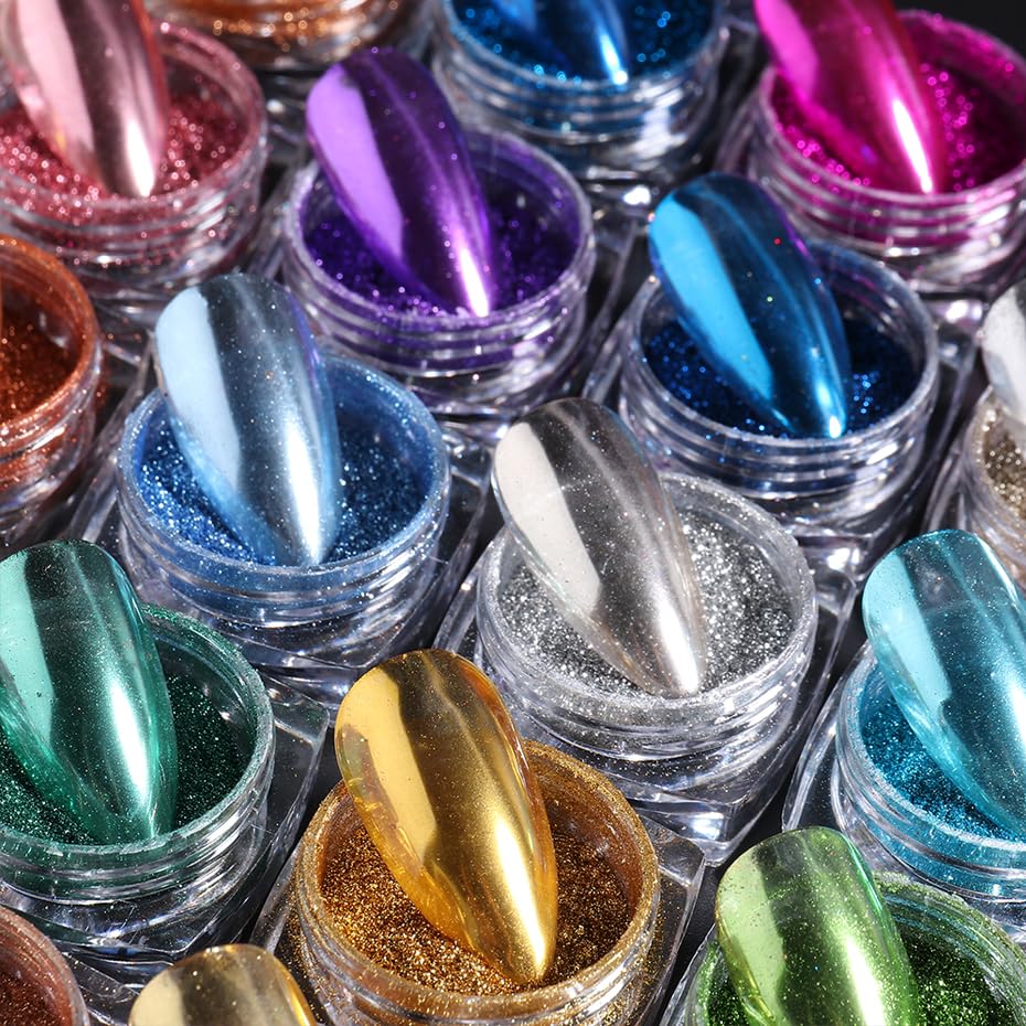 Metallic Mirror Chrome Nail Powder Set chrome finish closeup on real nails.