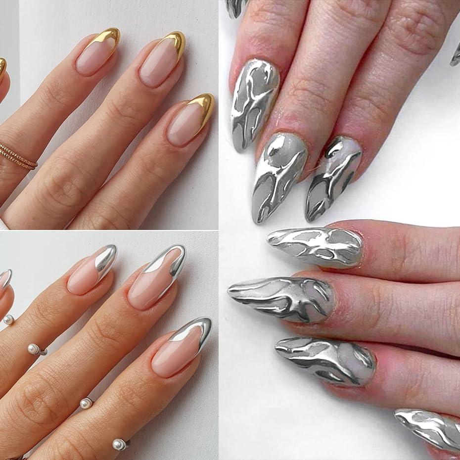 Metallic Mirror Chrome Nail Powder Set nail-art-application on tips for custom designs.