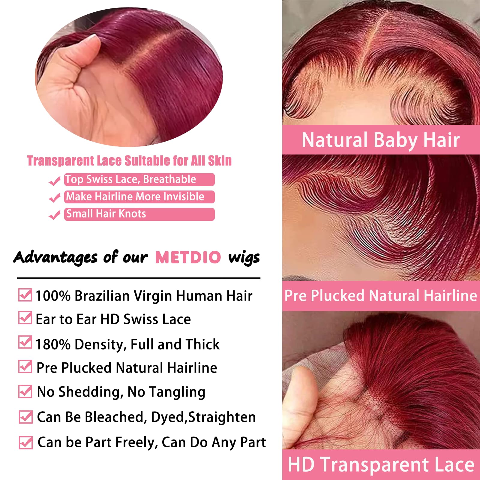 METDIO 28-inch Burgundy wig glueless cap for easy wear